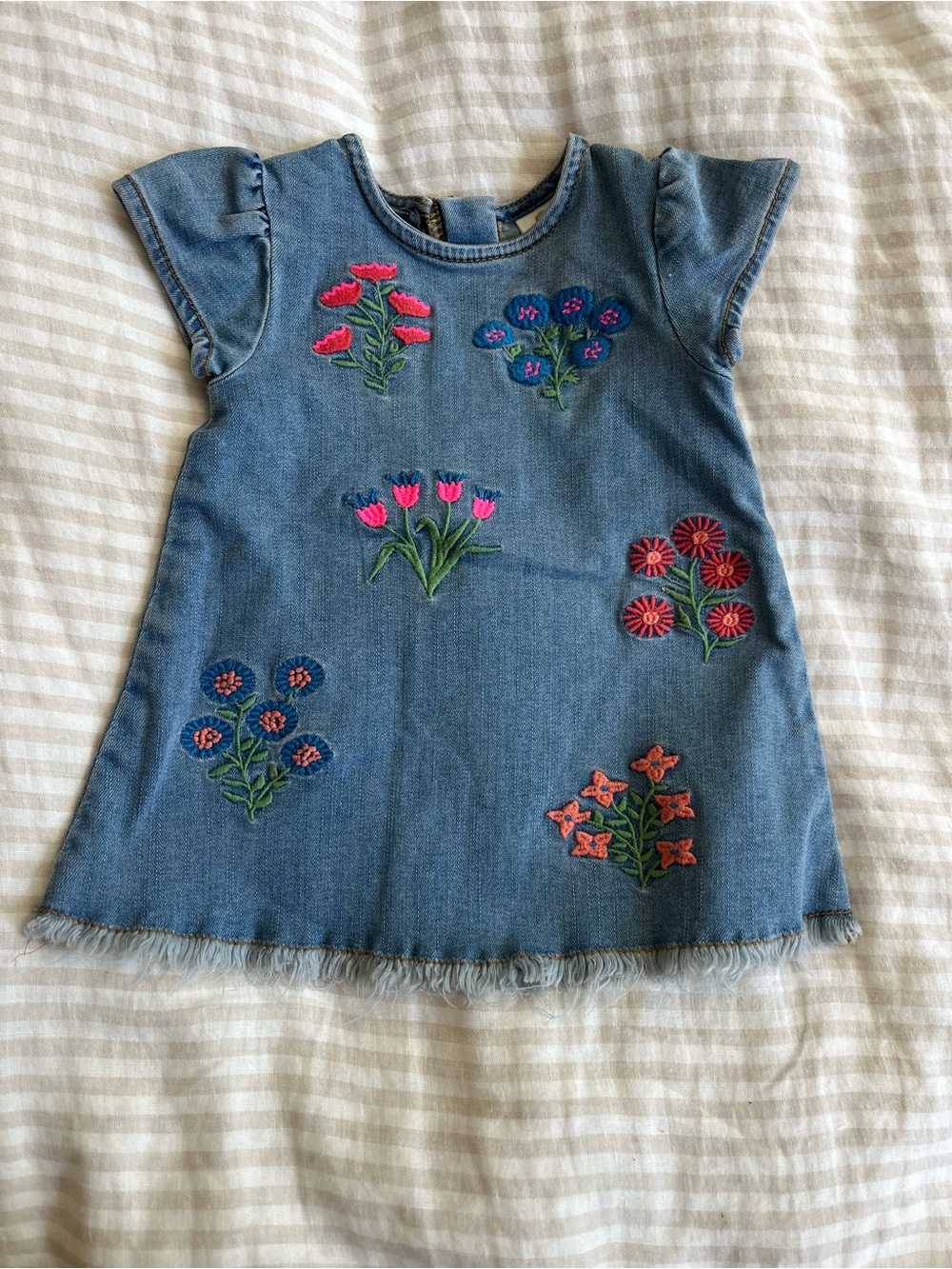 Denim Floral Embroidered Girls Dress